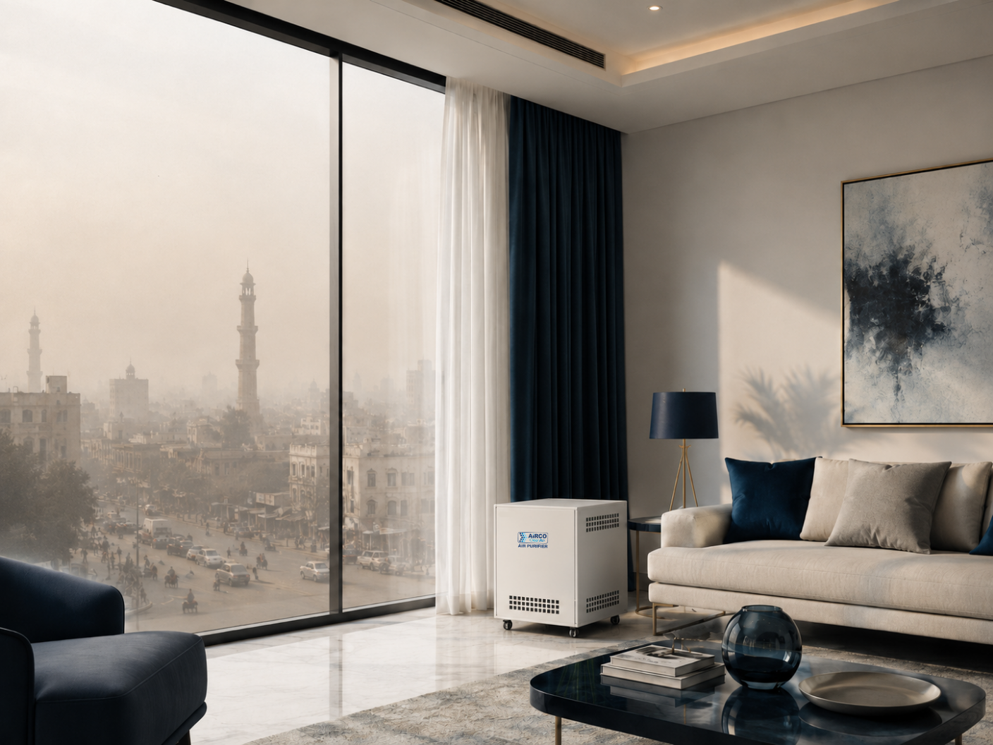 AiRCO air purifier in a clean indoor environment overlooking Lahore
